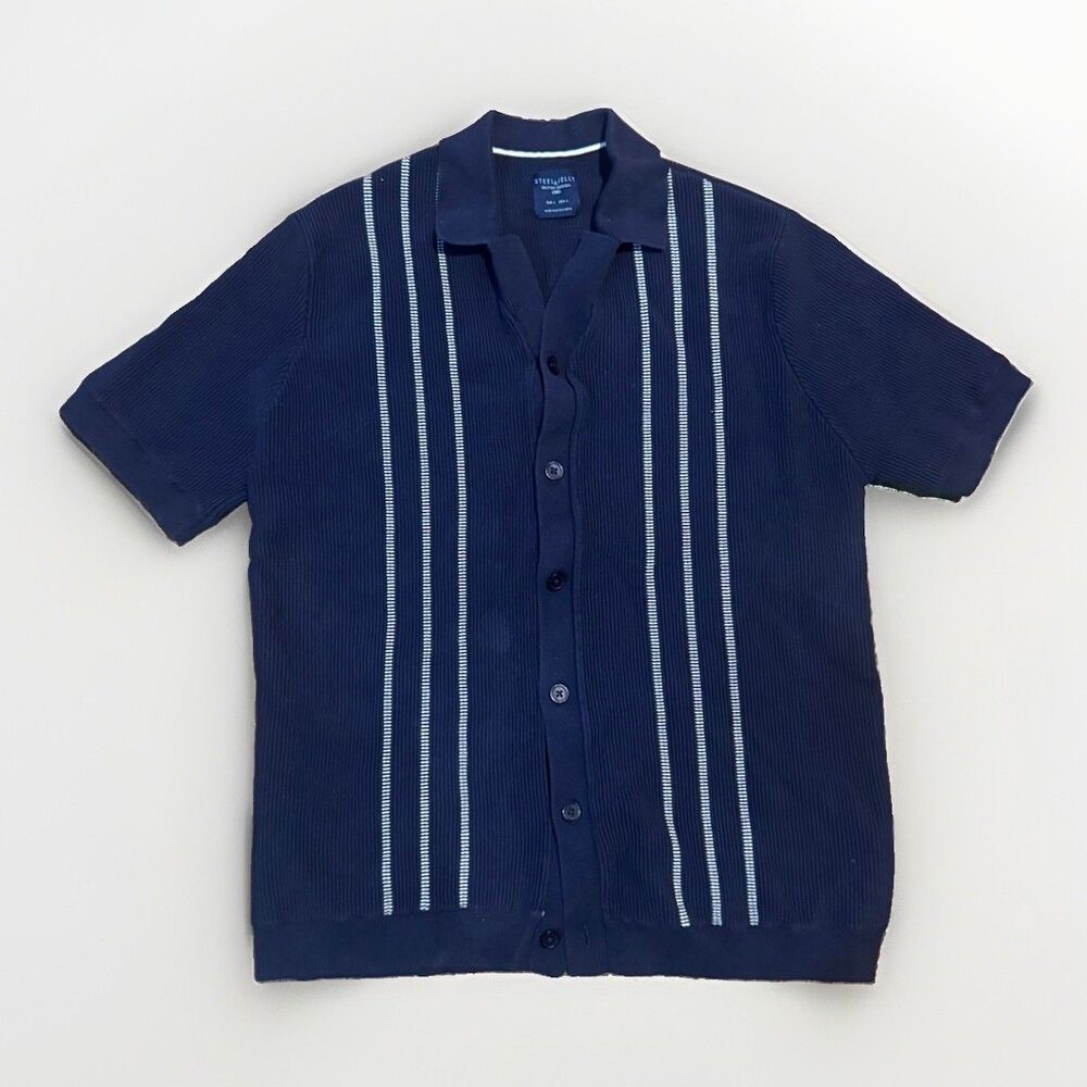 Steel & Jelly British Design Mens  Knit Polo Shirt Navy White Stripe Size Large